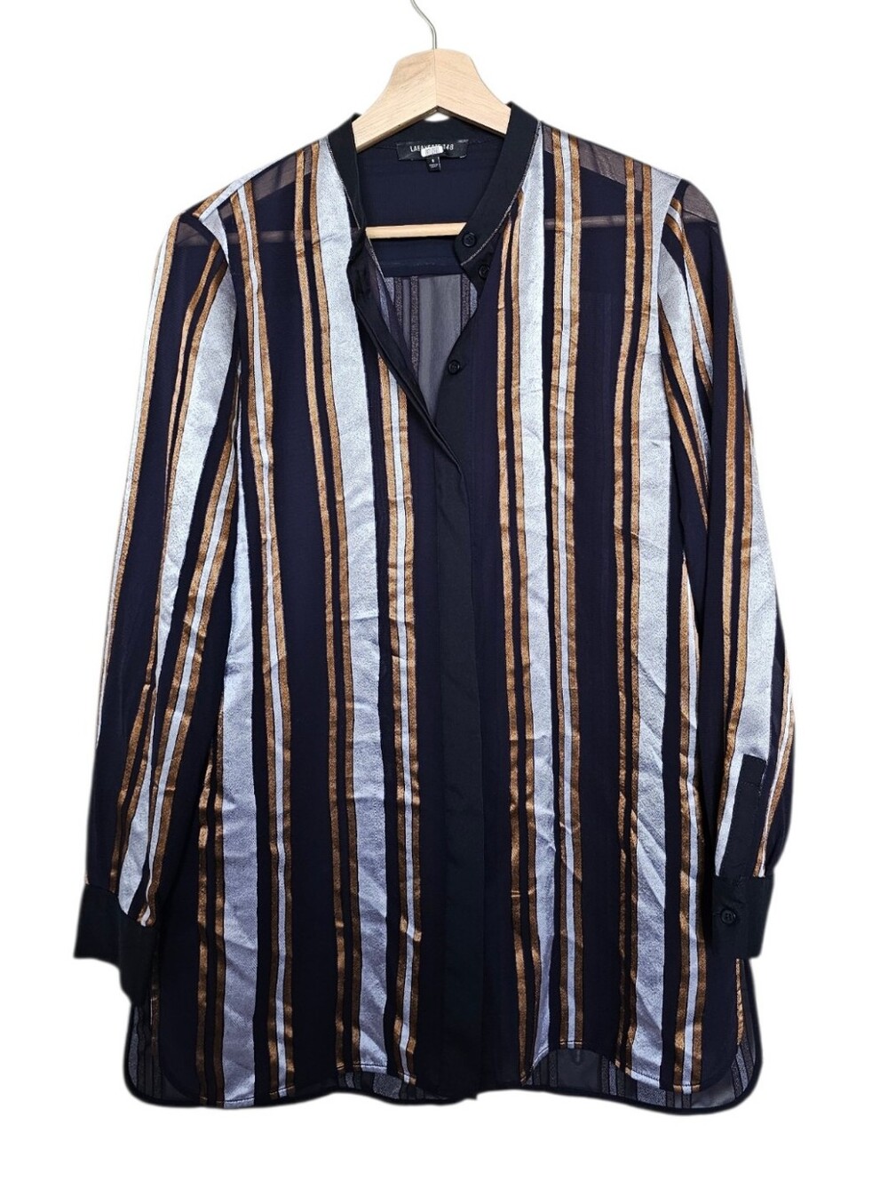 Lafayette 148 Striped Long Sleeve Button-Front Blouse in Navy, Silver & Gold